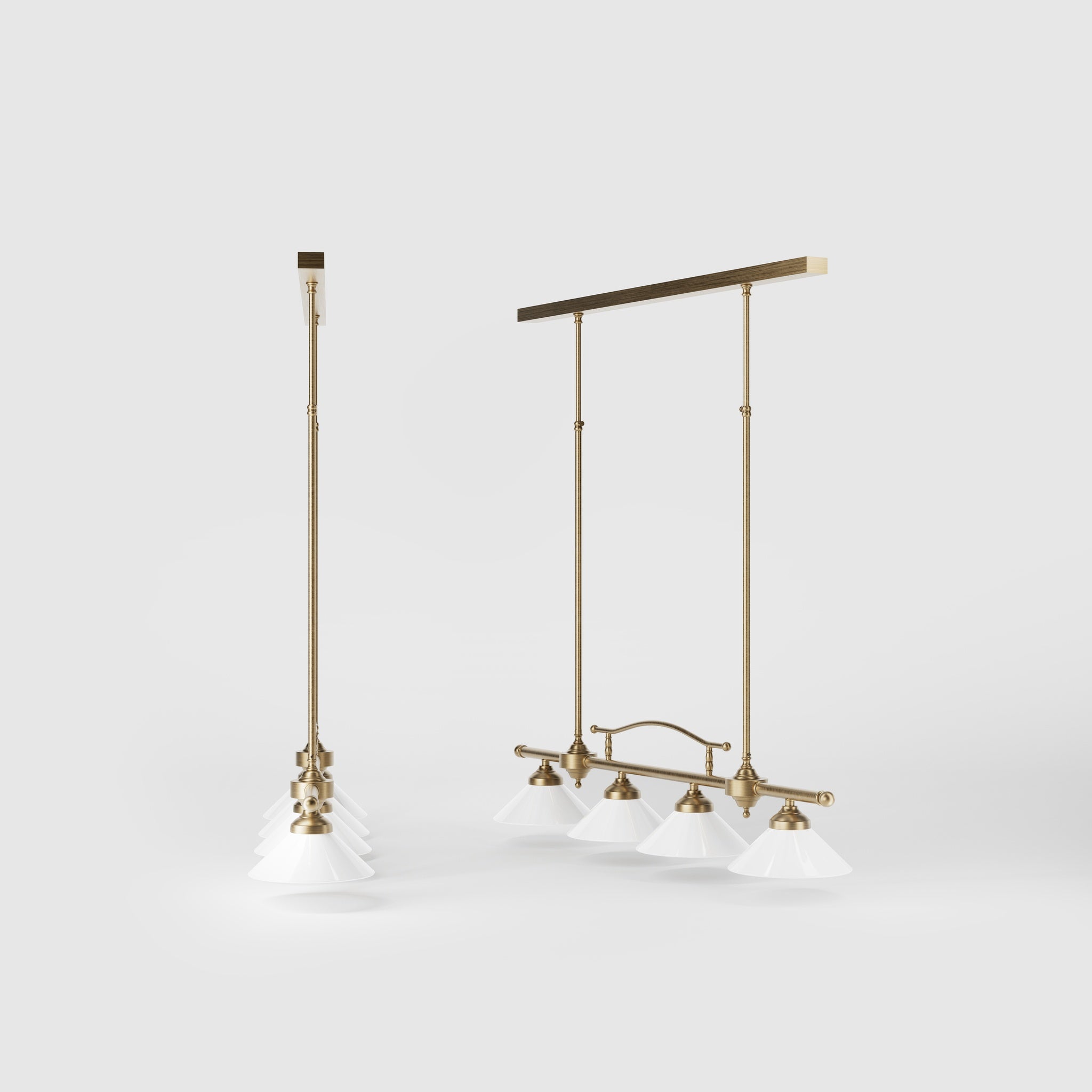 Linear pendant light with four brass supports and cone-shaped white glass shades, classic design for dining room and linear spaces, Sofia collection by Ghidini 1849 - Finish: OBS Bronze Satin Brass