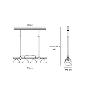 Linear pendant light with four brass supports and cone-shaped white glass shades, classic design for dining room and linear spaces, Sofia collection by Ghidini 1849