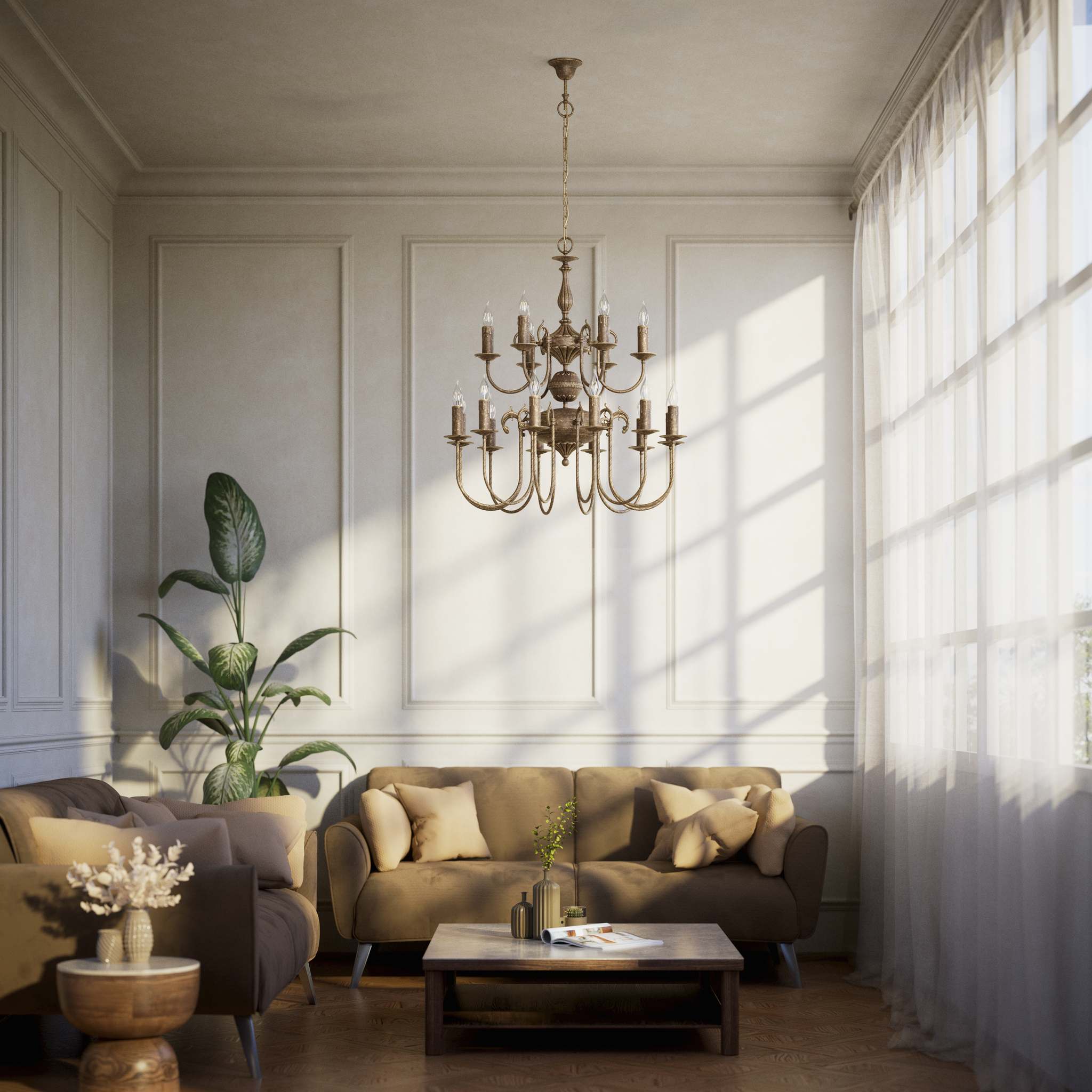 Majestic brass chandelier with two-tier design and 18 lights, elegant details Made in Italy by Ghidini 1849 - Finish: OAS Antique Brass