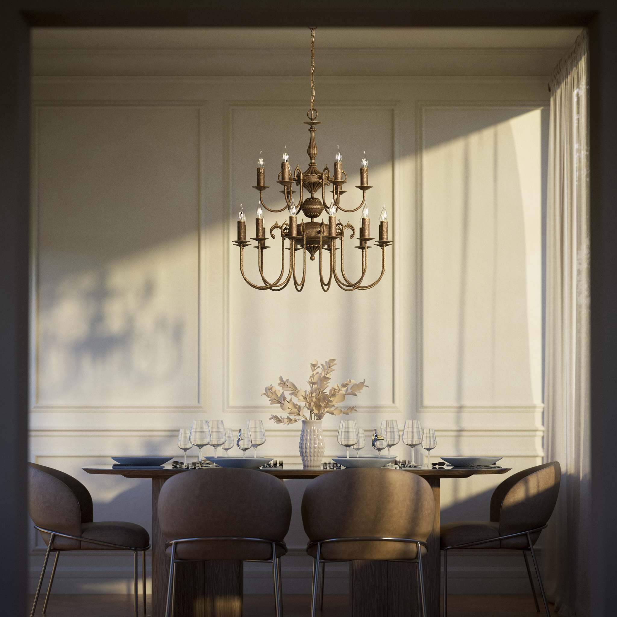 Majestic brass chandelier with two-tier design and 18 lights, elegant details Made in Italy by Ghidini 1849 - Finish: OAS Antique Brass