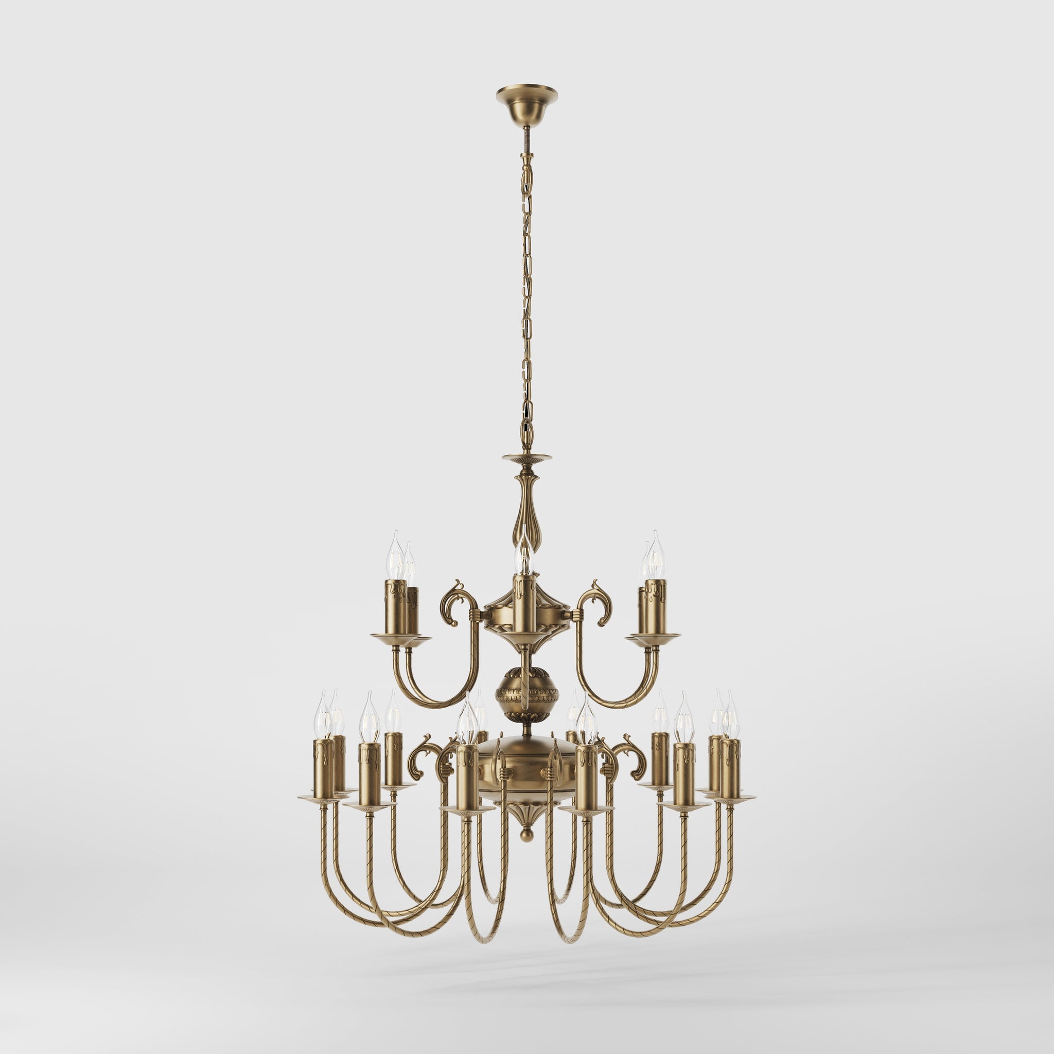 Majestic brass chandelier with two-tier design and 18 lights, elegant details Made in Italy by Ghidini 1849 - Finish: OBS Bronze Satin Brass