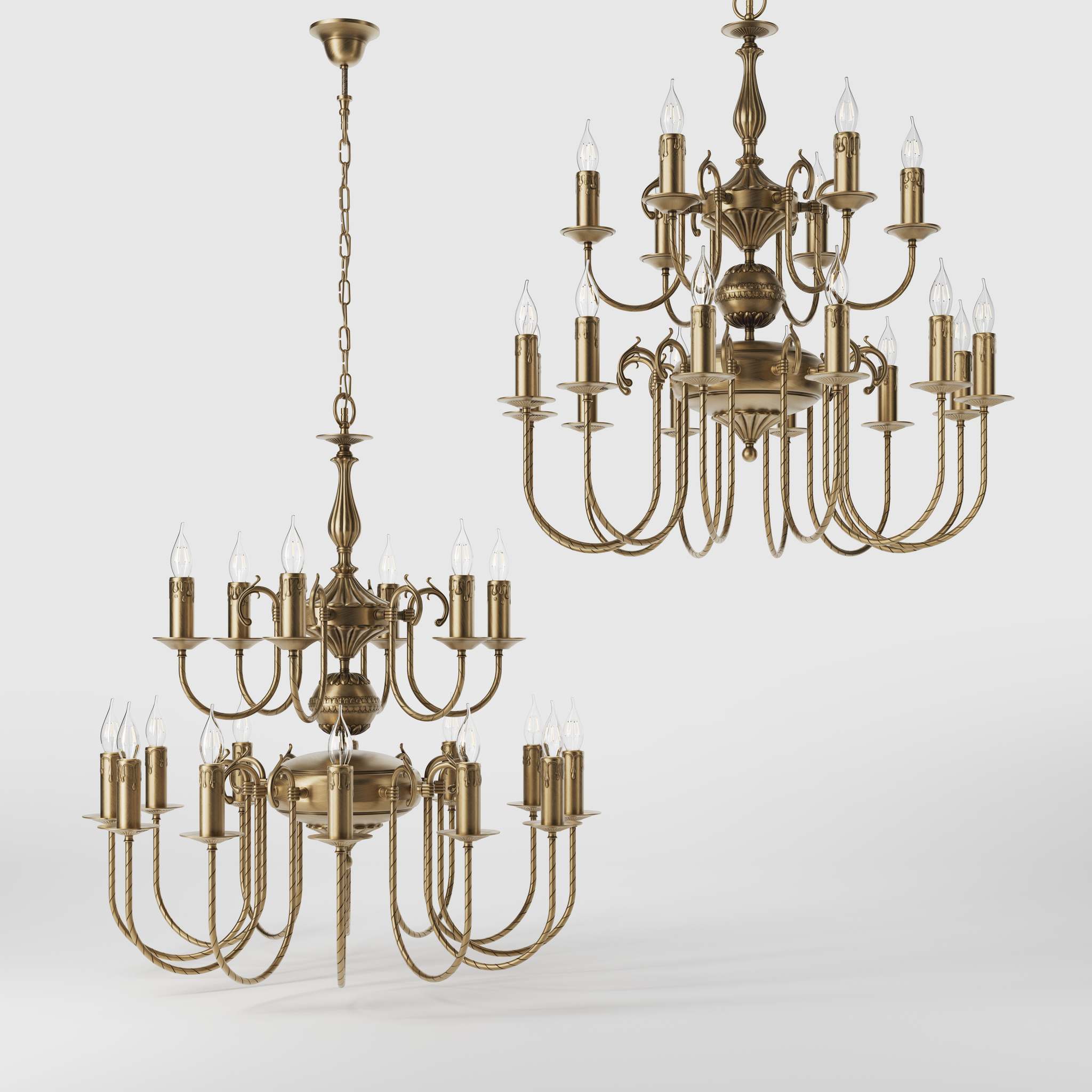 Majestic brass chandelier with two-tier design and 18 lights, elegant details Made in Italy by Ghidini 1849 - Finish: OBS Bronze Satin Brass