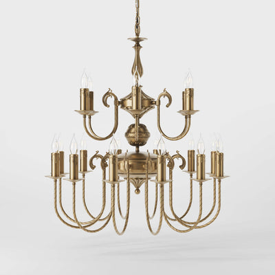 Majestic brass chandelier with two-tier design and 18 lights, elegant details Made in Italy by Ghidini 1849 - Finish: OBS Bronze Satin Brass
