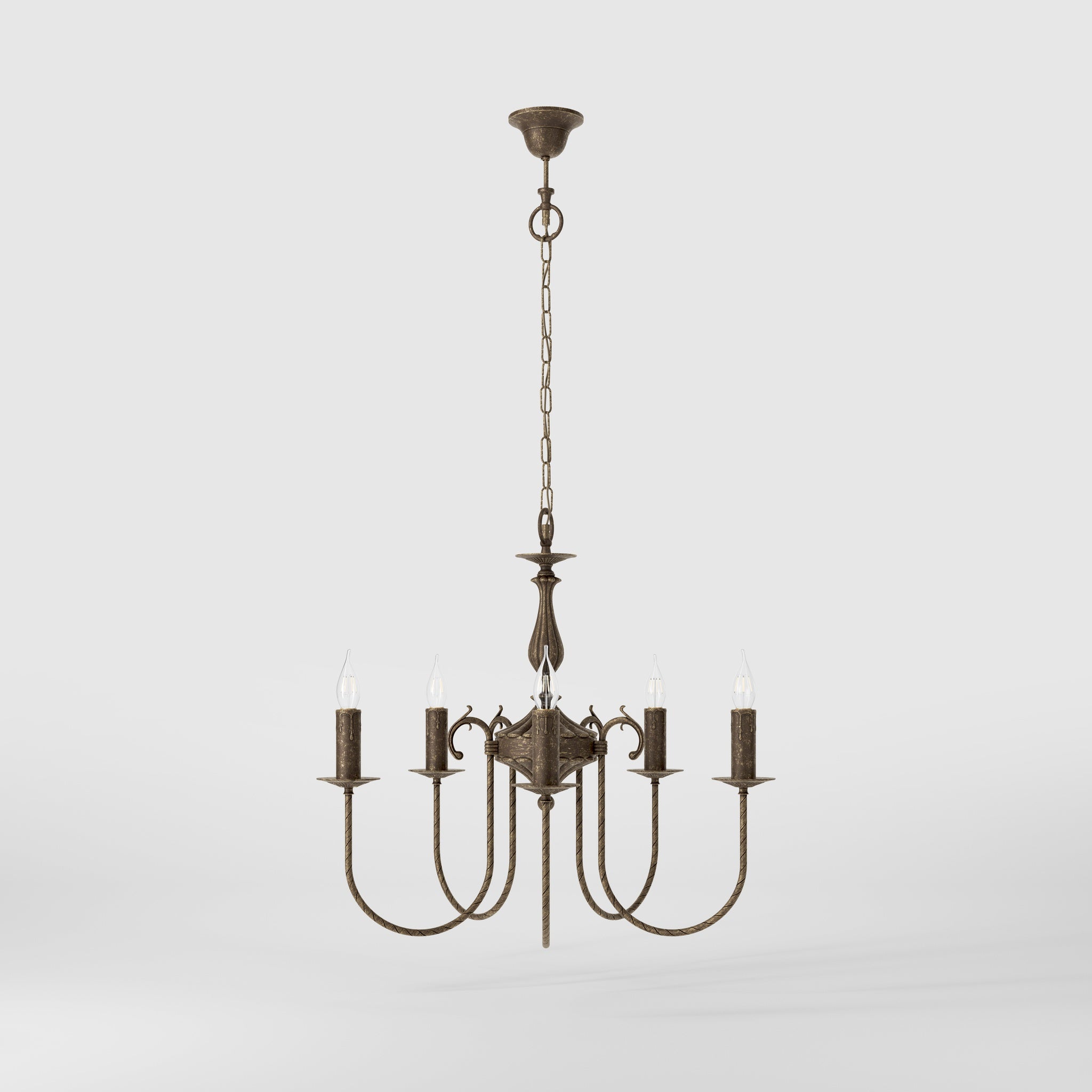 Classic five-light brass chandelier with intertwined arms and lamp holders decorated with dripping wax pattern by Ghidini 1849 - Finish: OAS Antique Brass