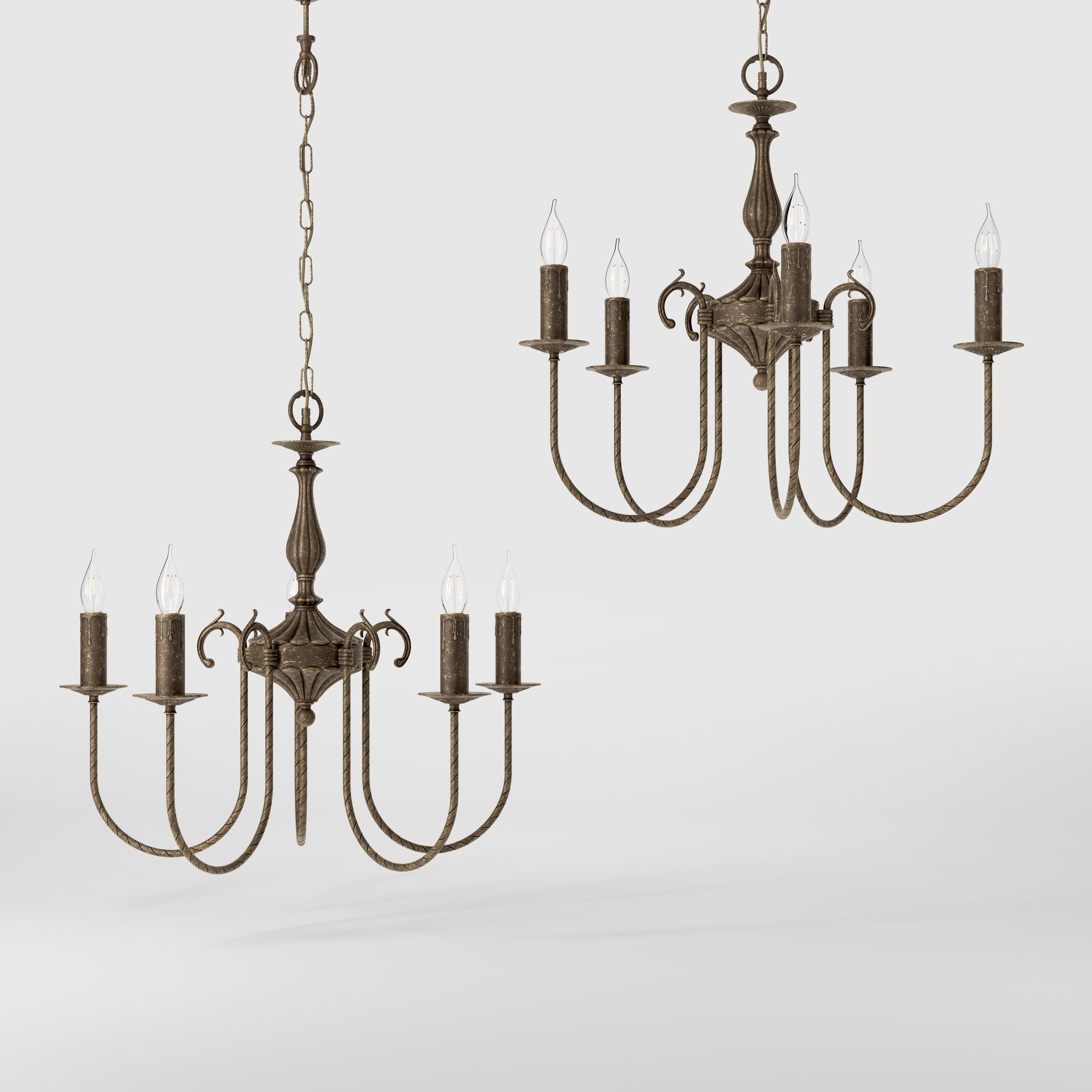 Classic five-light brass chandelier with intertwined arms and lamp holders decorated with dripping wax pattern by Ghidini 1849 - Finish: OAS Antique Brass