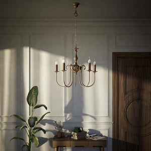 Classic five-light brass chandelier with intertwined arms and lamp holders decorated with dripping wax pattern by Ghidini 1849 - Finish: OAS Antique Brass