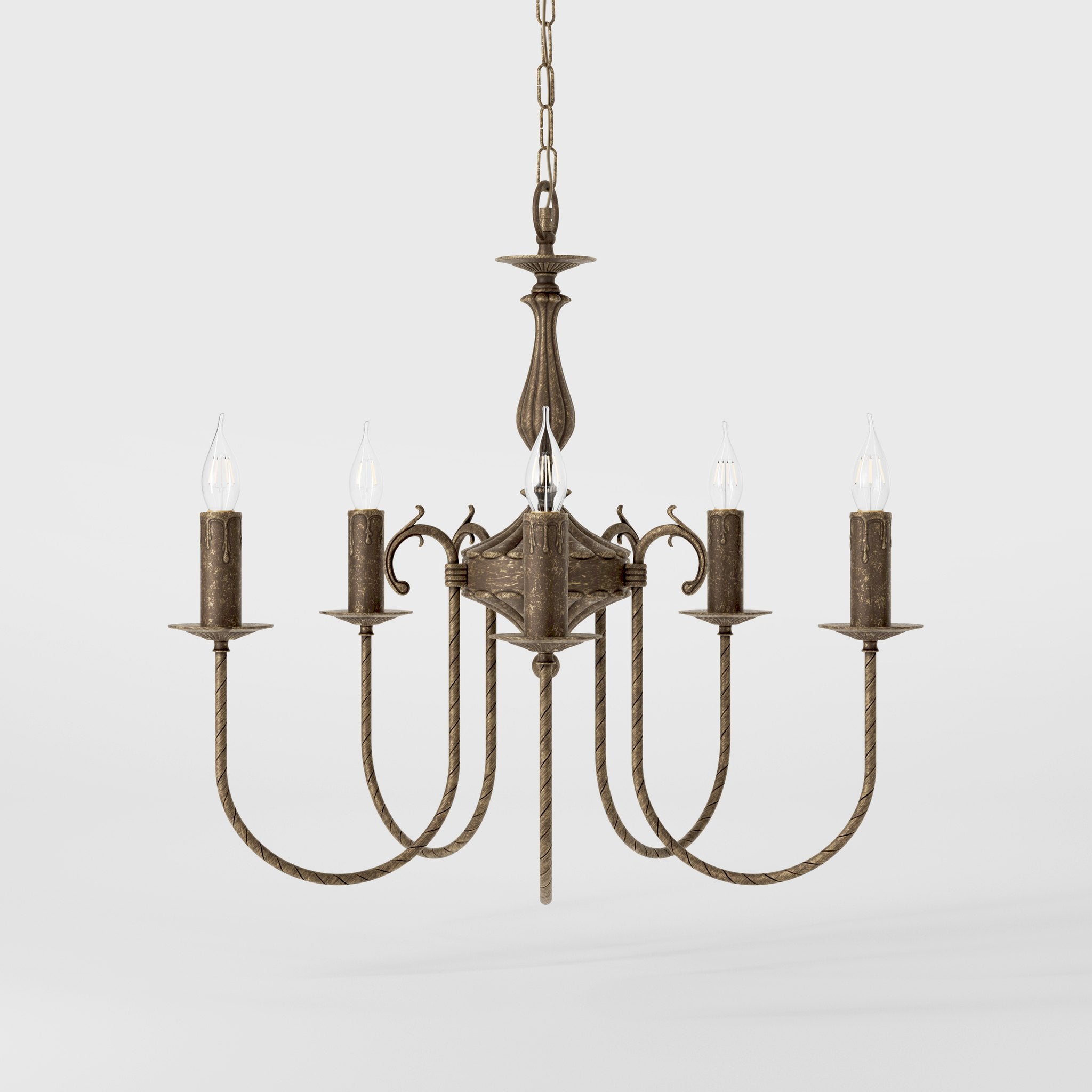 Classic five-light brass chandelier with intertwined arms and lamp holders decorated with dripping wax pattern by Ghidini 1849 - Finish: OAS Antique Brass