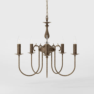 Classic five-light brass chandelier with intertwined arms and lamp holders decorated with dripping wax pattern by Ghidini 1849 - Finish: OAS Antique Brass