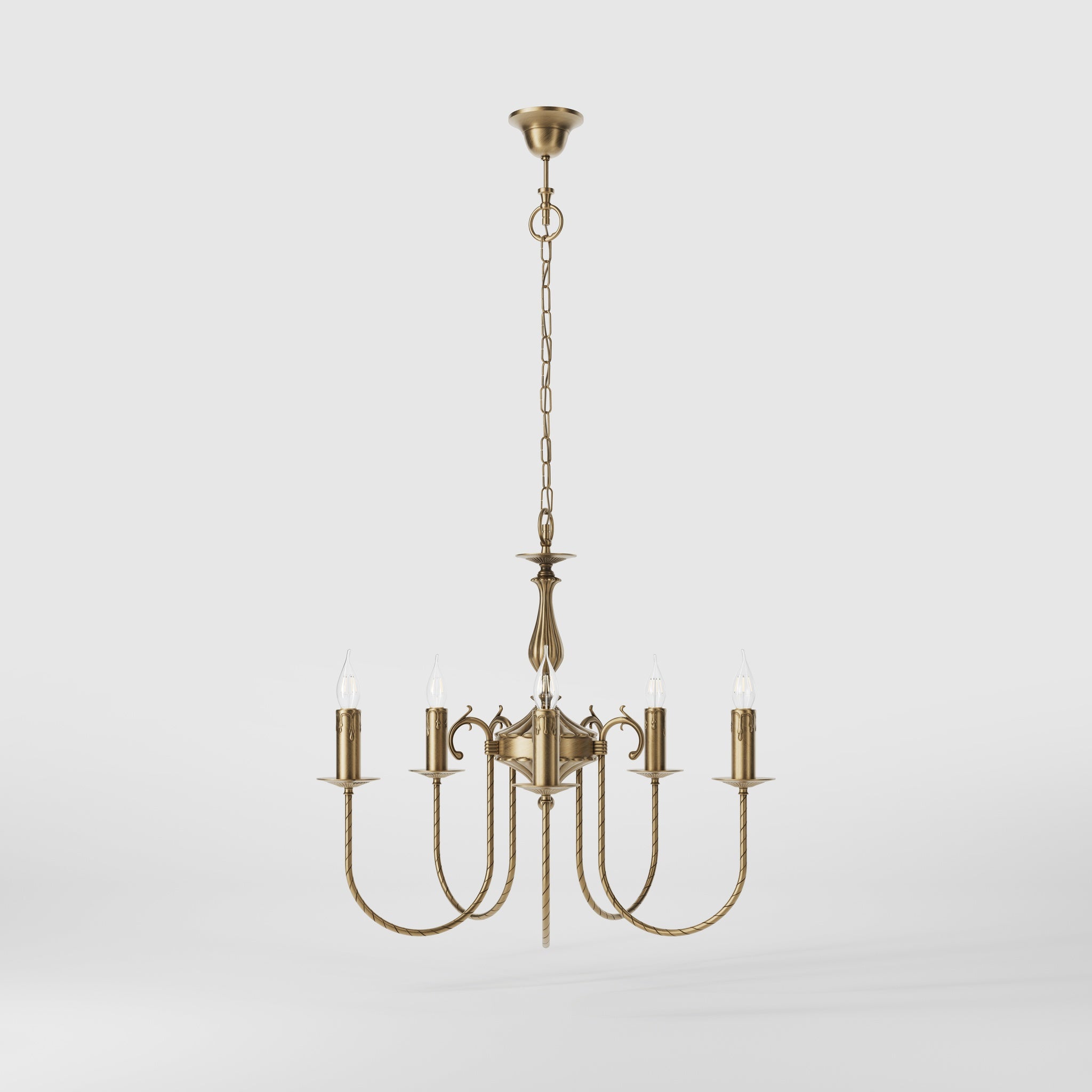 Classic five-light brass chandelier with intertwined arms and lamp holders decorated with dripping wax pattern by Ghidini 1849 - Finish: OBS Bronze Satin Brass