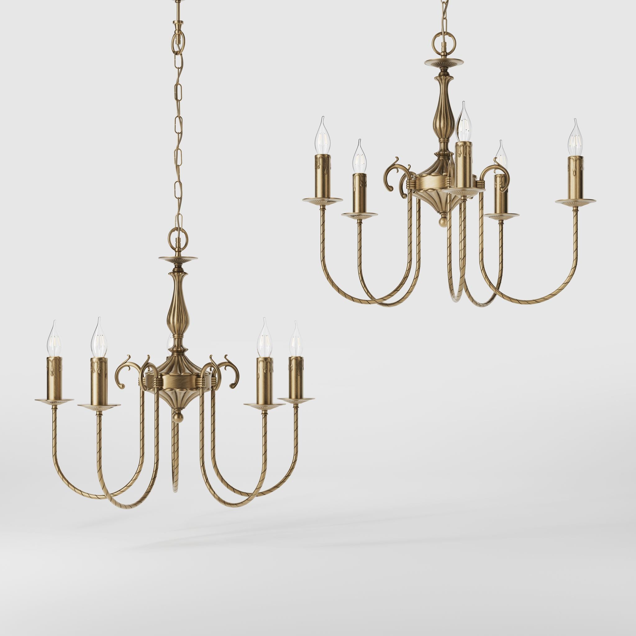 Classic five-light brass chandelier with intertwined arms and lamp holders decorated with dripping wax pattern by Ghidini 1849 - Finish: OBS Bronze Satin Brass