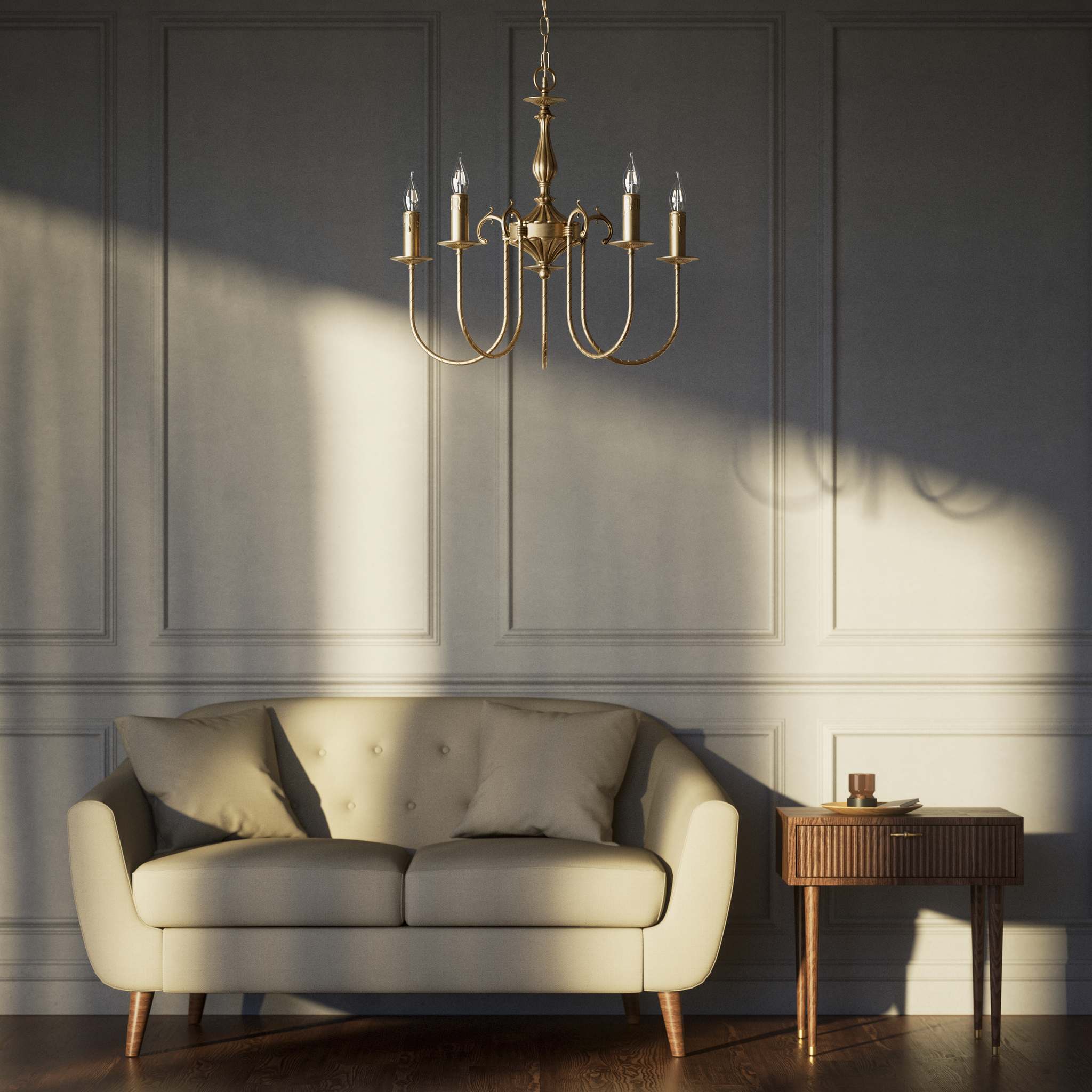 Classic five-light brass chandelier with intertwined arms and lamp holders decorated with dripping wax pattern by Ghidini 1849 - Finish: OBS Bronze Satin Brass