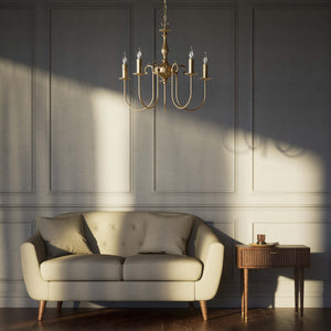 Classic five-light brass chandelier with intertwined arms and lamp holders decorated with dripping wax pattern by Ghidini 1849 - Finish: OBS Bronze Satin Brass