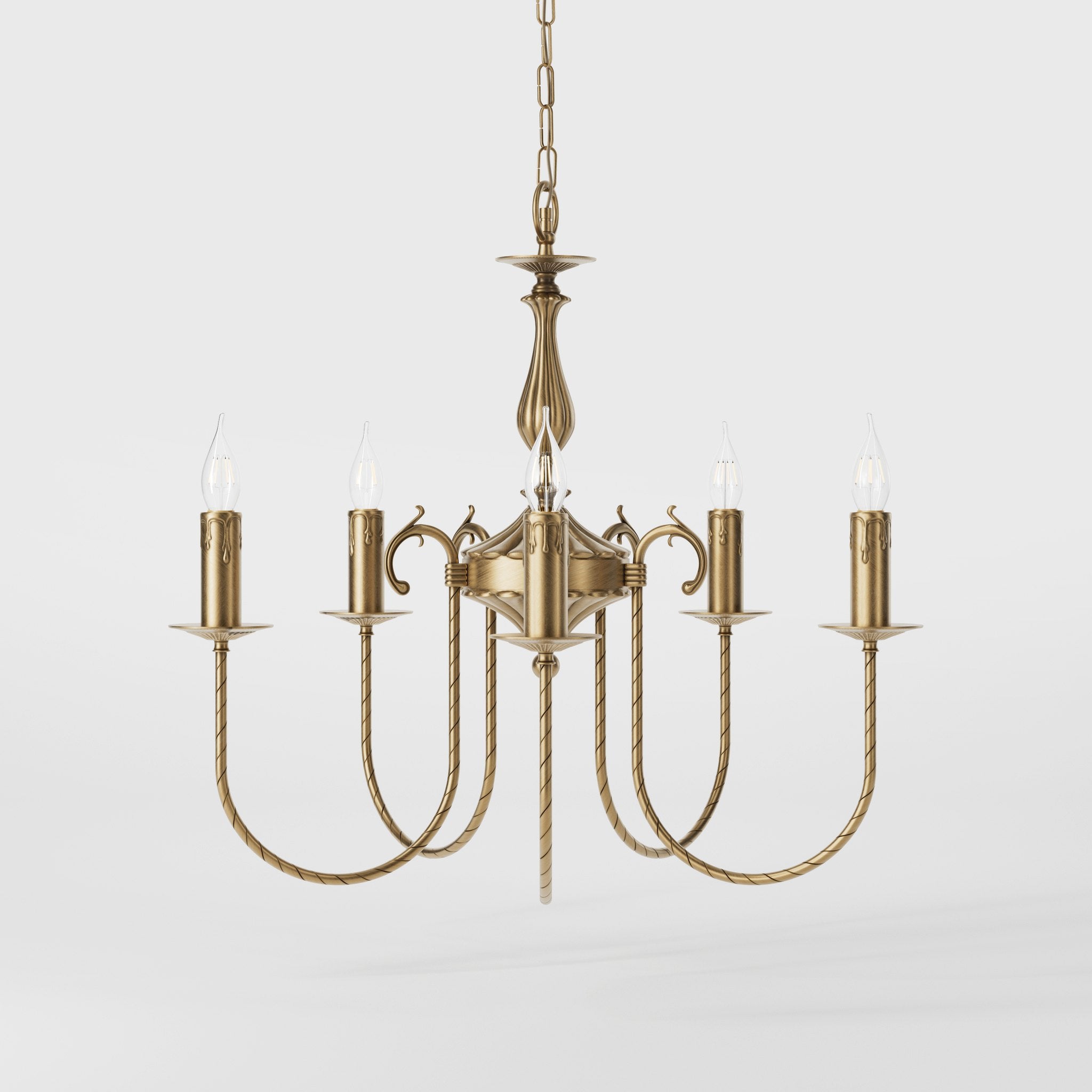 Classic five-light brass chandelier with intertwined arms and lamp holders decorated with dripping wax pattern by Ghidini 1849 - Finish: OBS Bronze Satin Brass