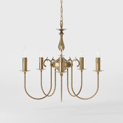 Classic five-light brass chandelier with intertwined arms and lamp holders decorated with dripping wax pattern by Ghidini 1849 - Finish: OBS Bronze Satin Brass