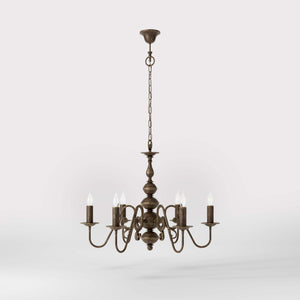 Flemish brass chandelier with 6 lights, elegant curved arms, classic design, Made in Italy - Finish: OAS Antique Brass