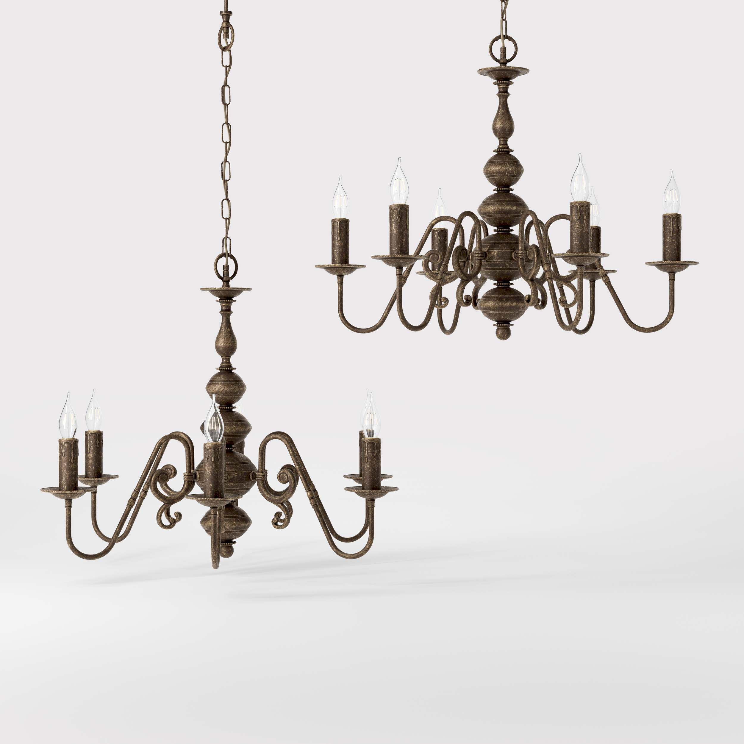Flemish brass chandelier with 6 lights, elegant curved arms, classic design, Made in Italy - Finish: OAS Antique Brass