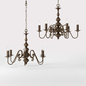 Flemish brass chandelier with 6 lights, elegant curved arms, classic design, Made in Italy - Finish: OAS Antique Brass