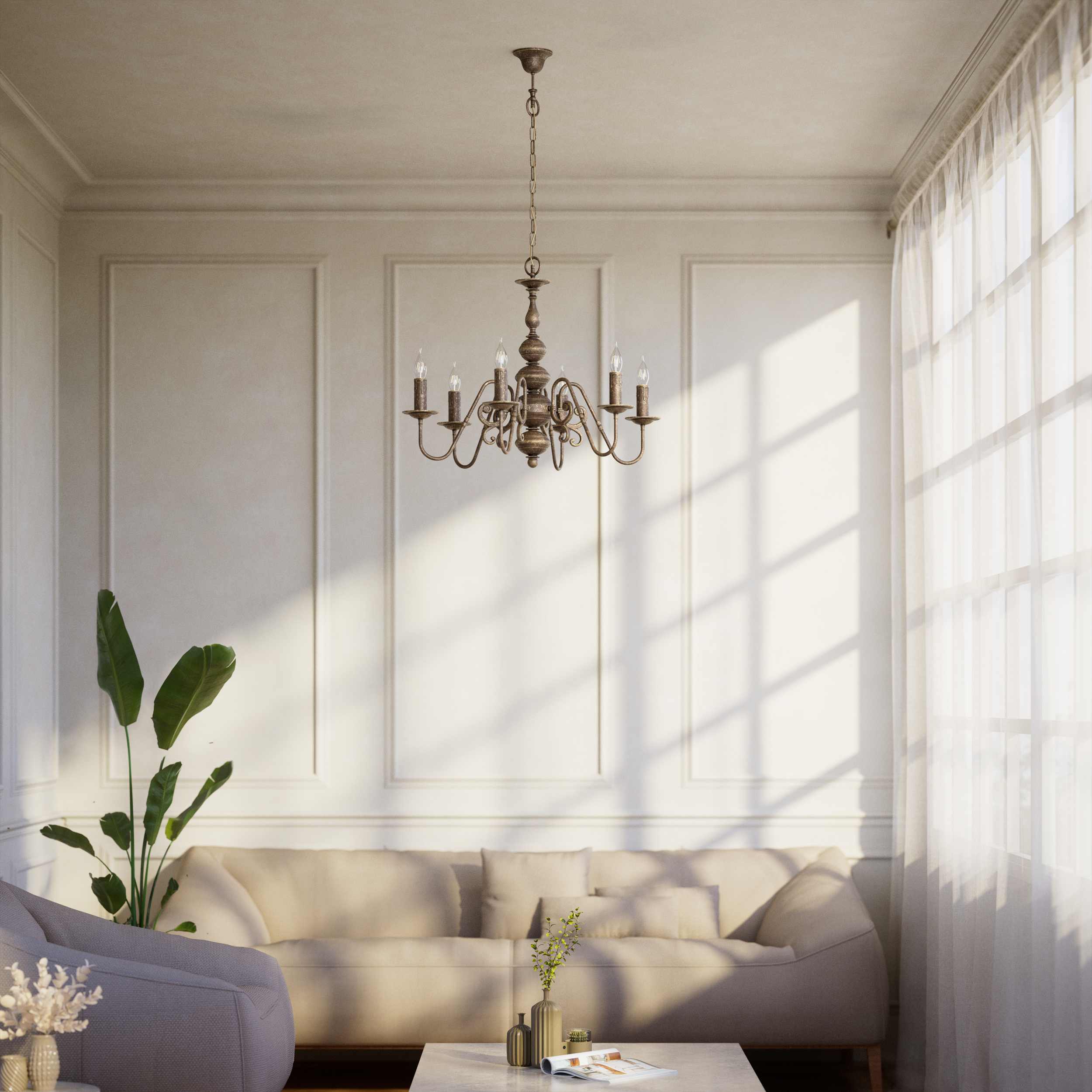 Flemish brass chandelier with 6 lights, elegant curved arms, classic design, Made in Italy - Finish: OAS Antique Brass
