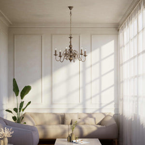 Flemish brass chandelier with 6 lights, elegant curved arms, classic design, Made in Italy - Finish: OAS Antique Brass