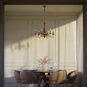 Flemish brass chandelier with 6 lights, elegant curved arms, classic design, Made in Italy - Finish: OAS Antique Brass
