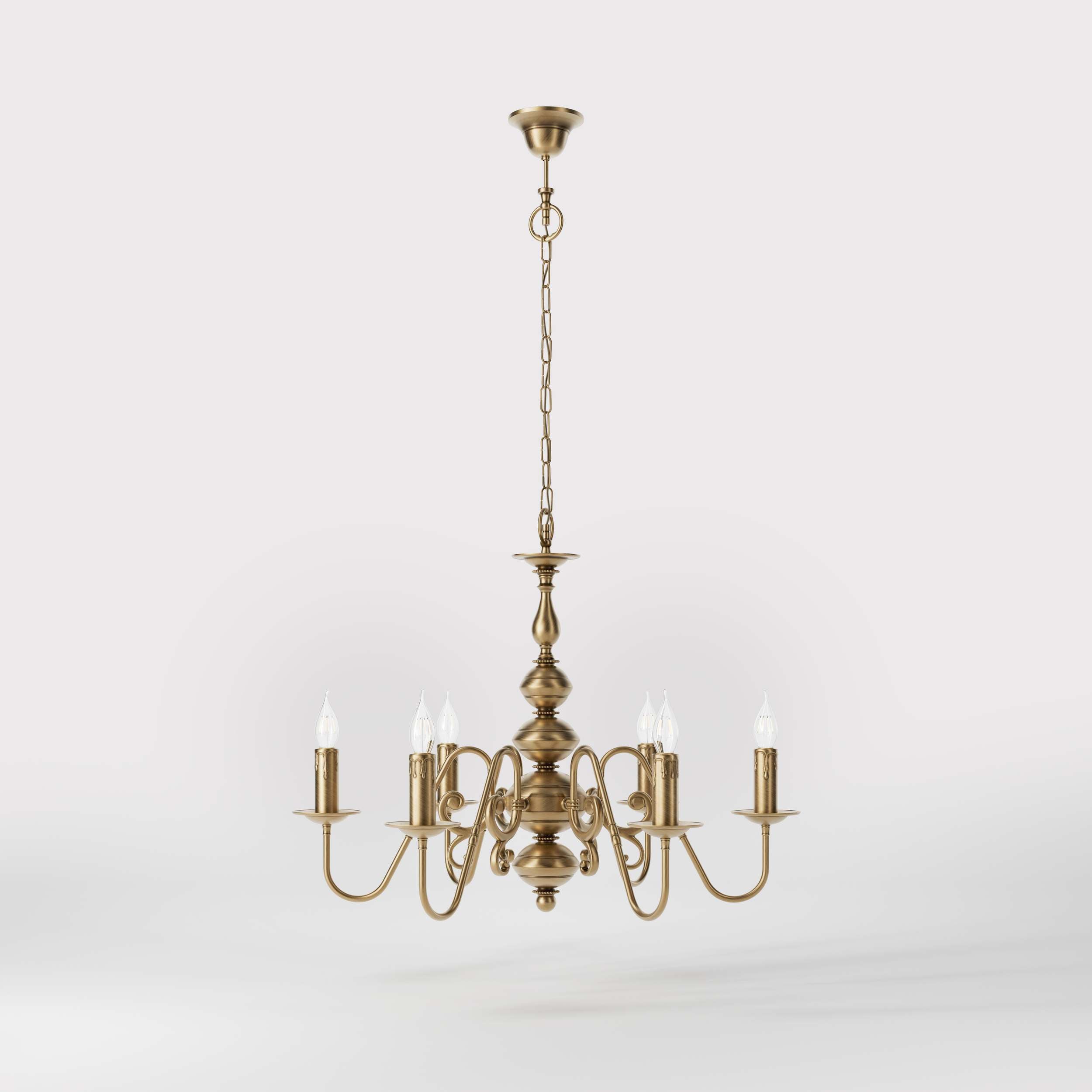 Flemish brass chandelier with 6 lights, elegant curved arms, classic design, Made in Italy - Finish: OBS Bronze Satin Brass