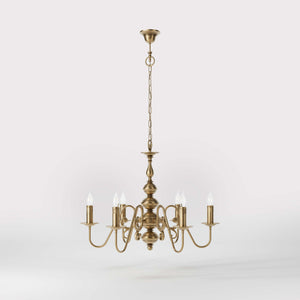 Flemish brass chandelier with 6 lights, elegant curved arms, classic design, Made in Italy - Finish: OBS Bronze Satin Brass
