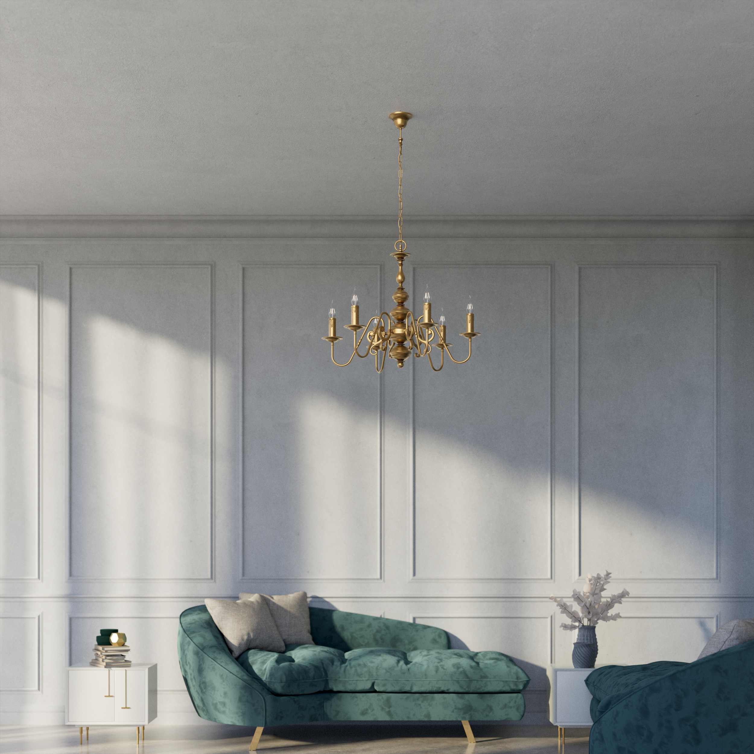 Flemish brass chandelier with 6 lights, elegant curved arms, classic design, Made in Italy - Finish: OBS Bronze Satin Brass