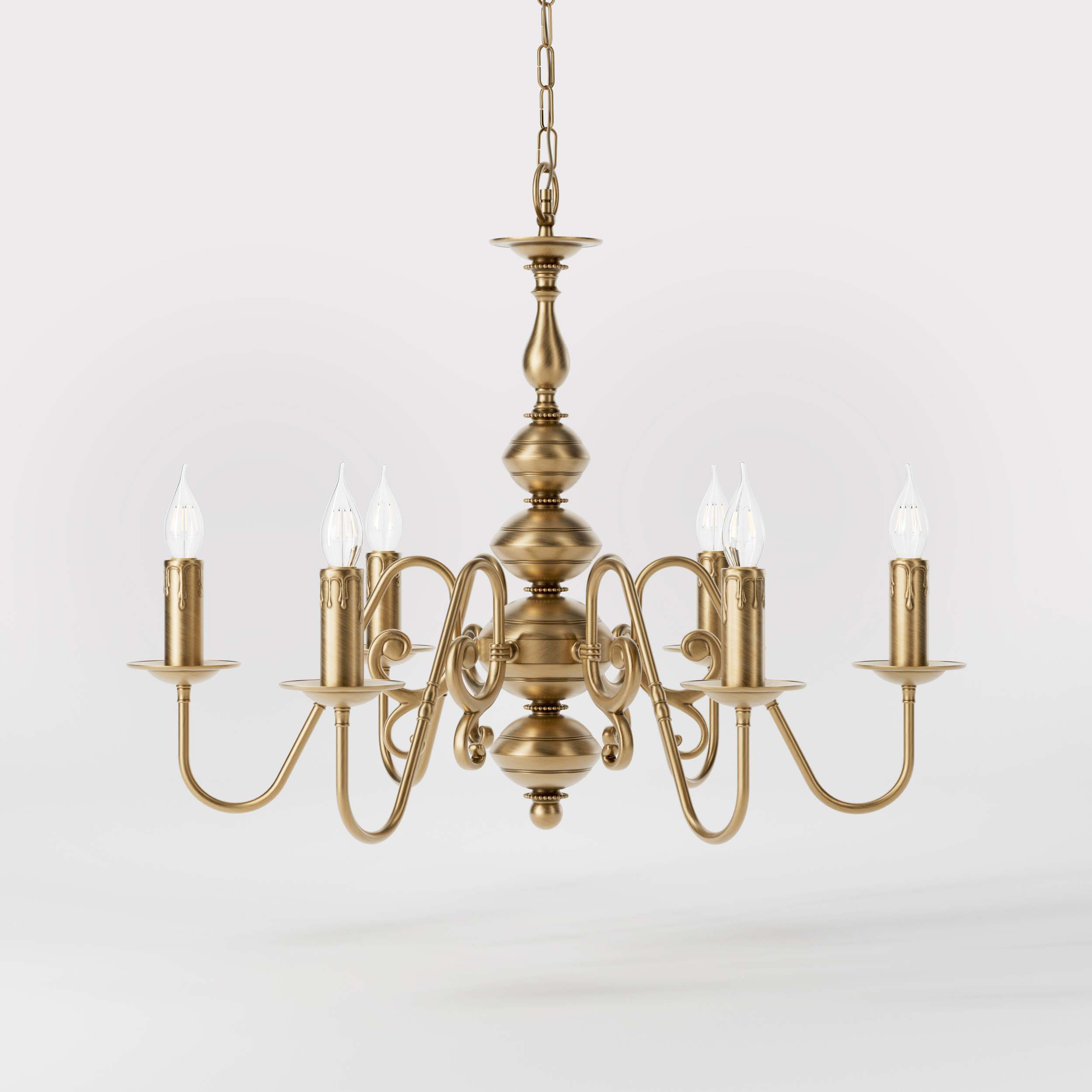 Flemish brass chandelier with 6 lights, elegant curved arms, classic design, Made in Italy - Finish: OBS Bronze Satin Brass