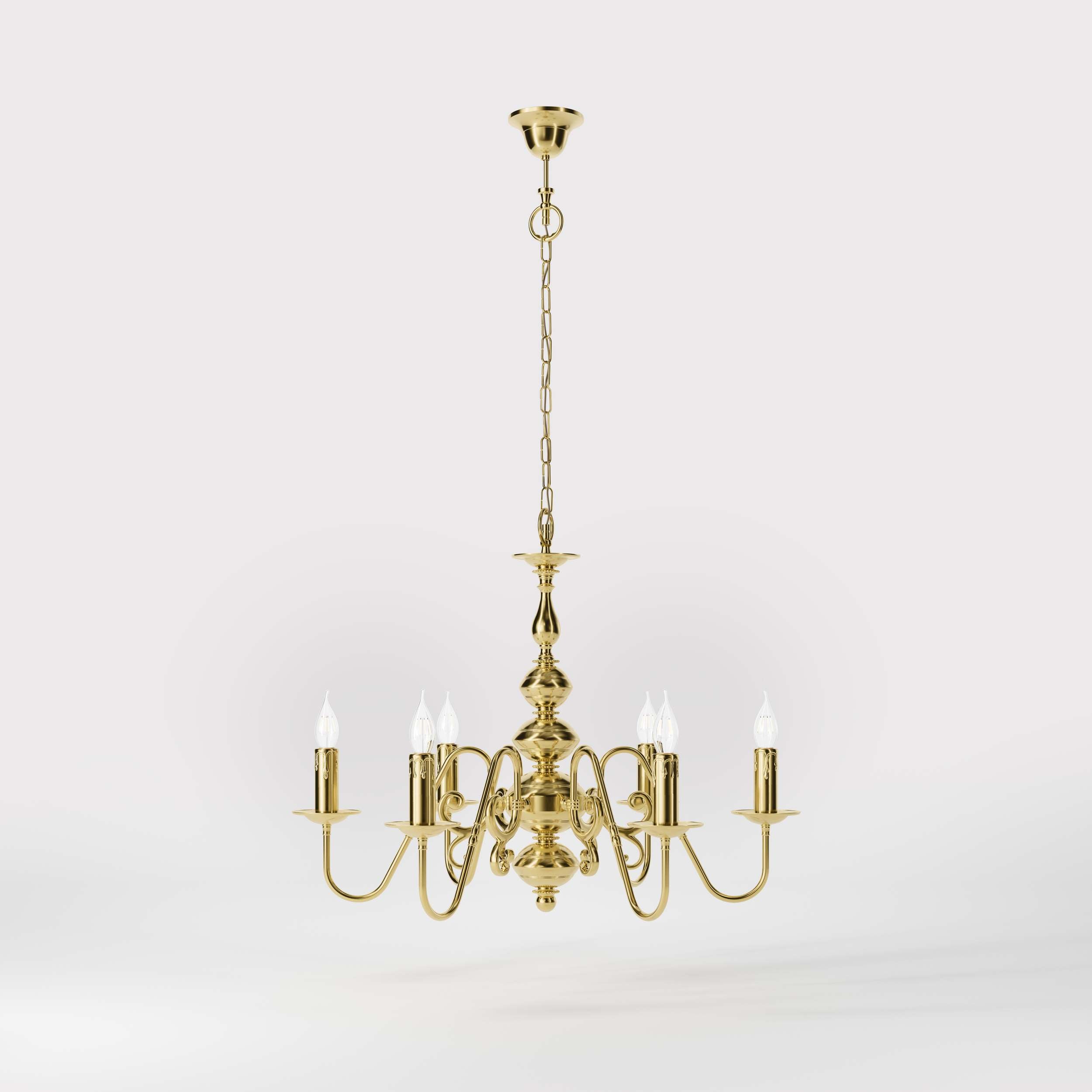 Flemish brass chandelier with 6 lights, elegant curved arms, classic design, Made in Italy - Finish: OLV Polished Brass