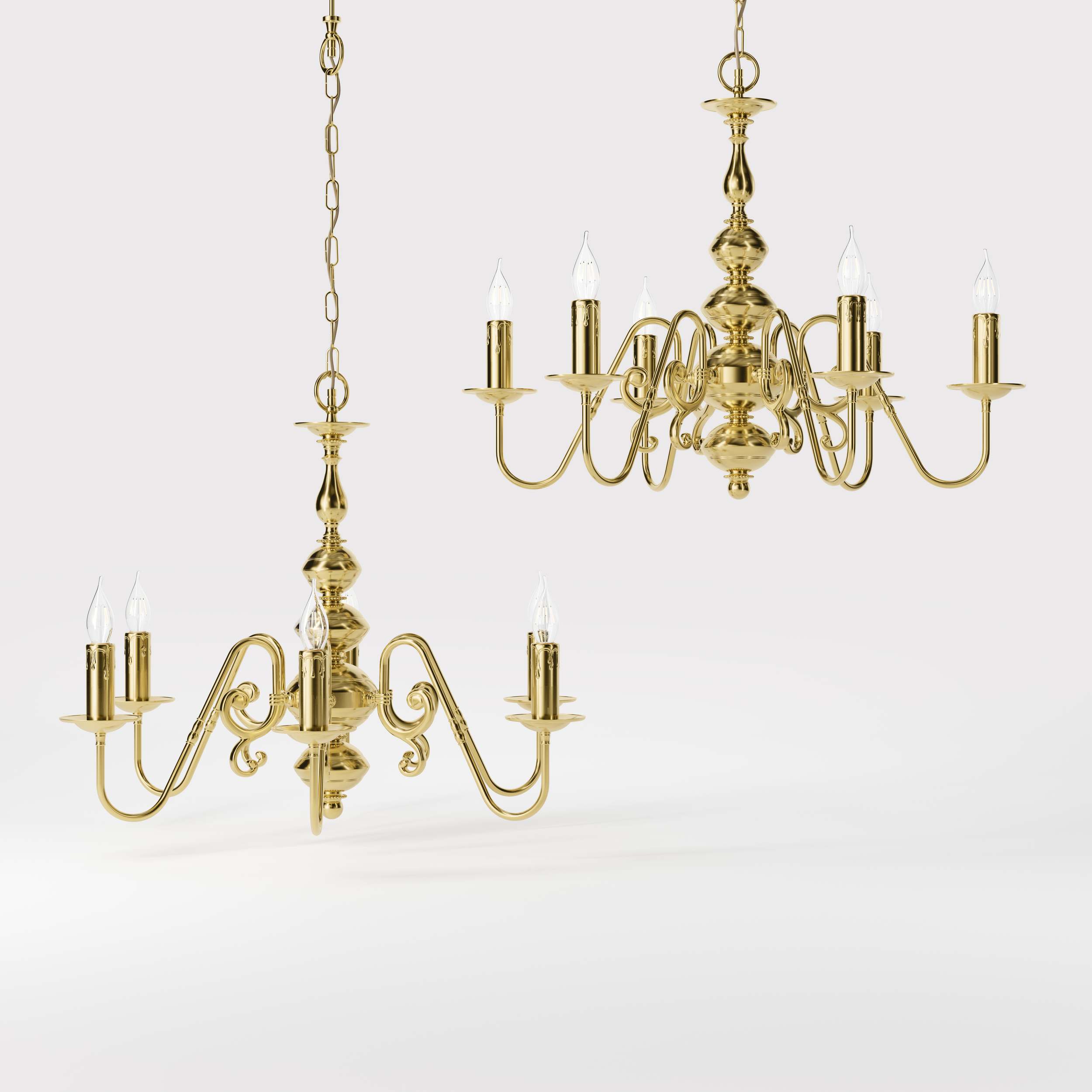 Flemish brass chandelier with 6 lights, elegant curved arms, classic design, Made in Italy - Finish: OLV Polished Brass