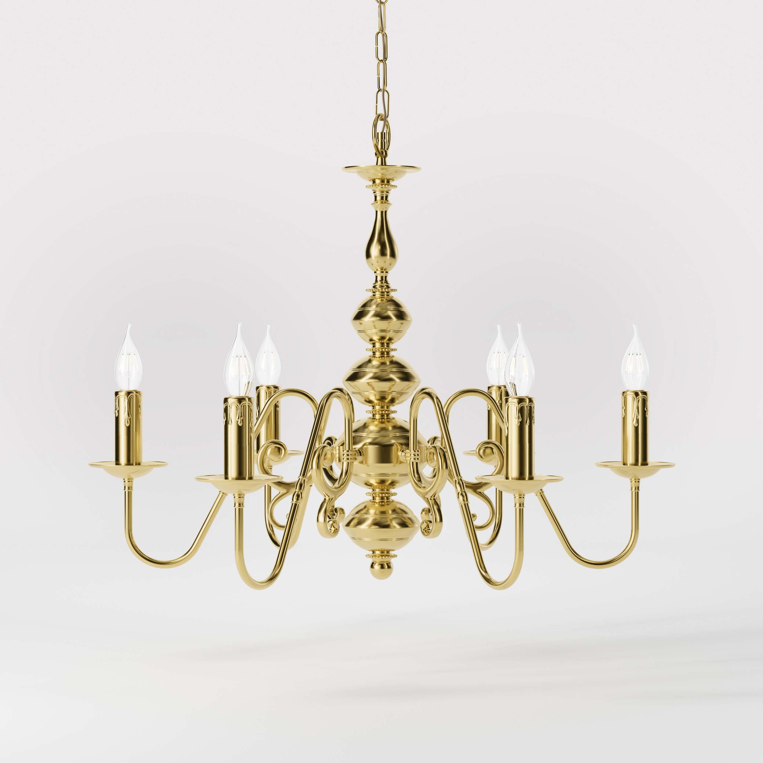 Flemish brass chandelier with 6 lights, elegant curved arms, classic design, Made in Italy - Finish: OLV Polished Brass