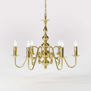 Flemish brass chandelier with 6 lights, elegant curved arms, classic design, Made in Italy - Finish: OLV Polished Brass