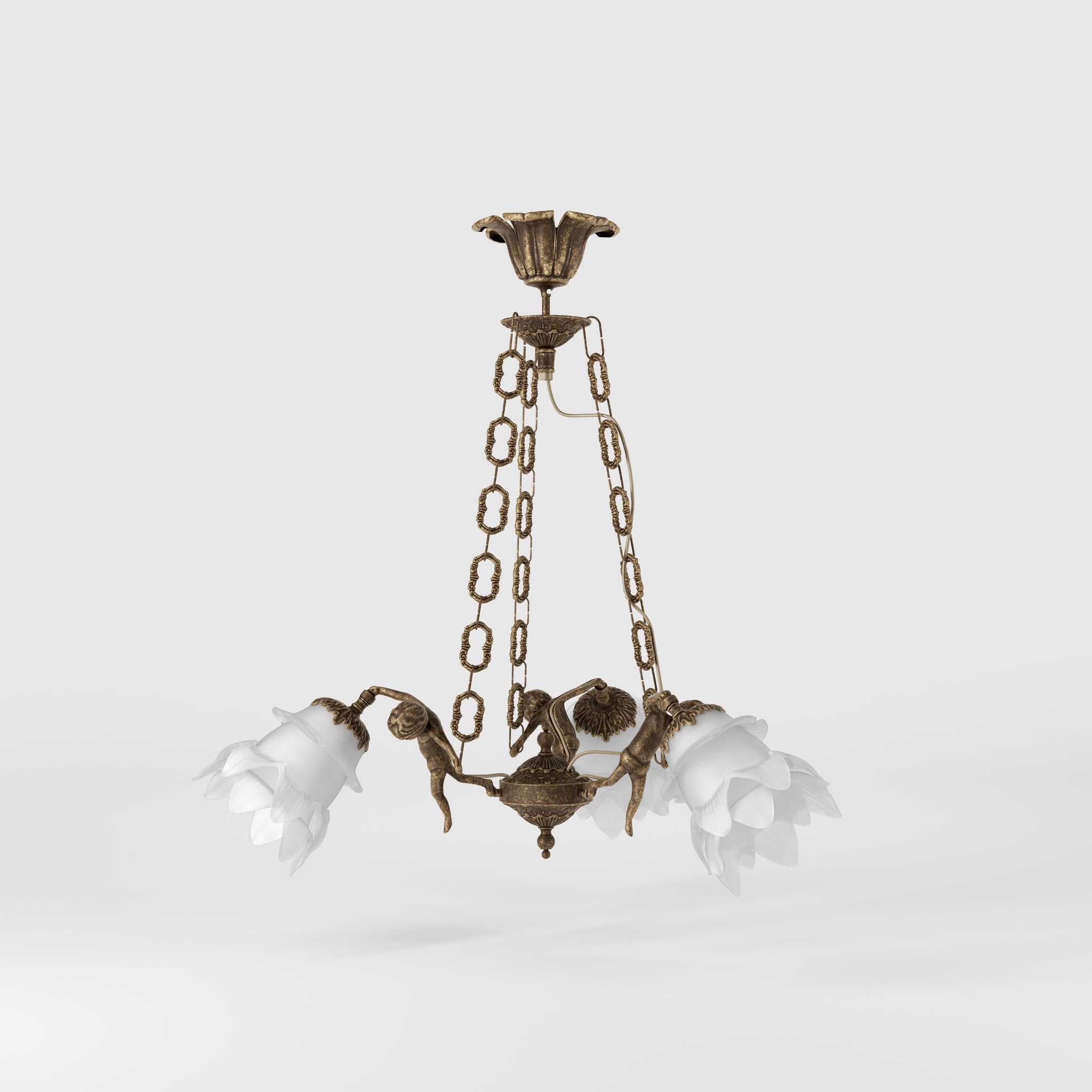 Art Nouveau chandelier with dancing brass putti and three frosted glass shades, decorated chains, floral motif rosette by Ghidini 1849 - Finish: OAS Antique Brass
