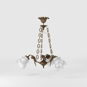 Art Nouveau chandelier with dancing brass putti and three frosted glass shades, decorated chains, floral motif rosette by Ghidini 1849 - Finish: OAS Antique Brass