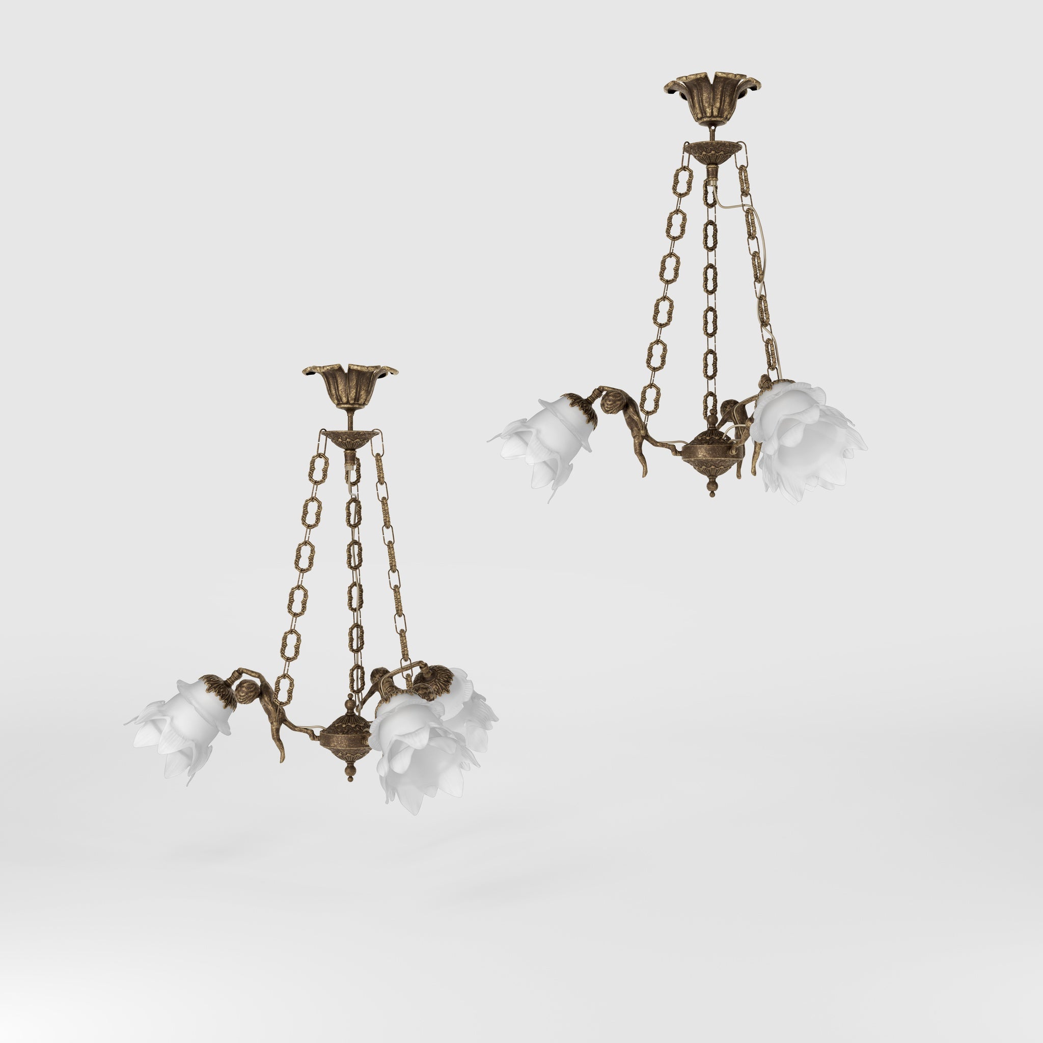 Art Nouveau chandelier with dancing brass putti and three frosted glass shades, decorated chains, floral motif rosette by Ghidini 1849 - Finish: OAS Antique Brass