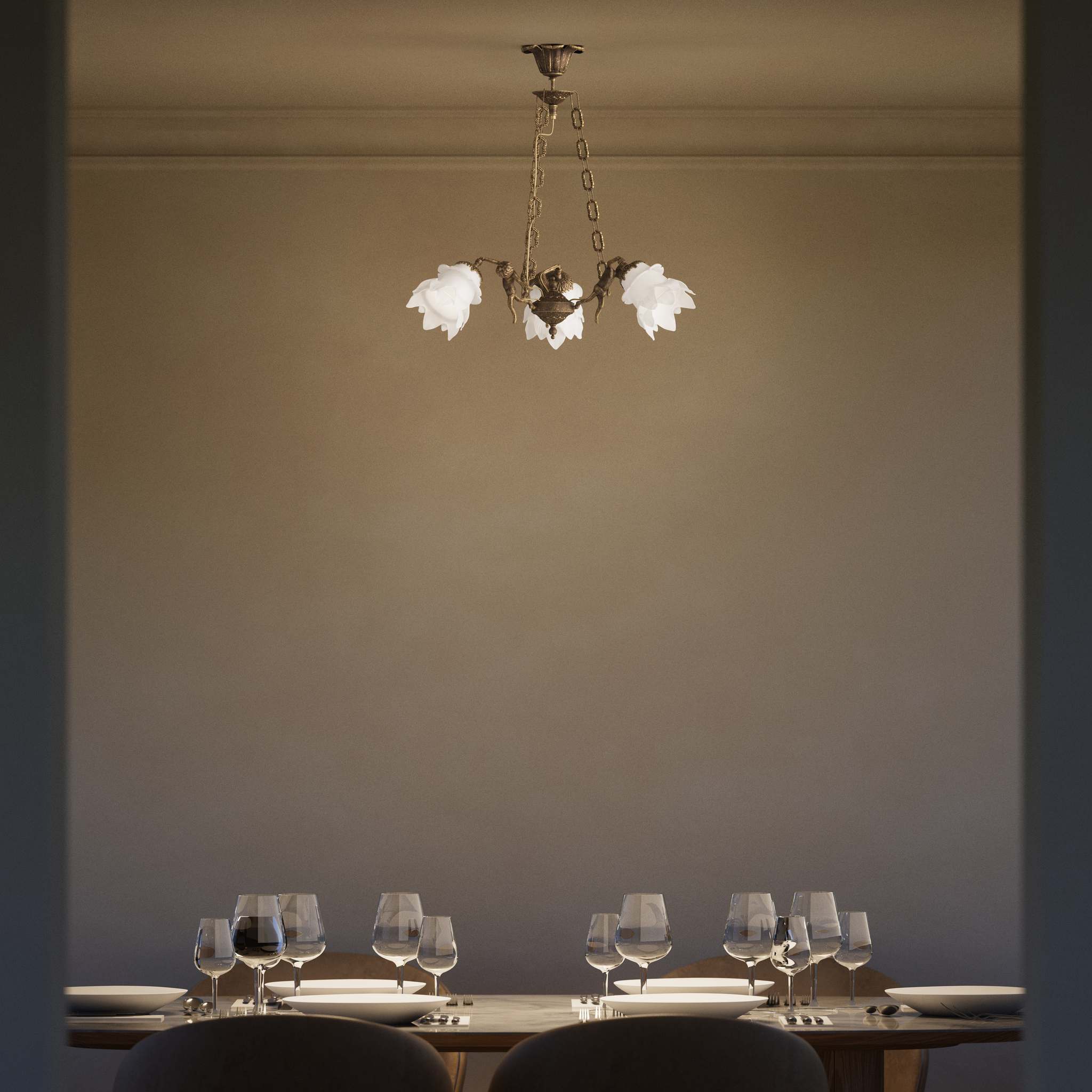 Art Nouveau chandelier with dancing brass putti and three frosted glass shades, decorated chains, floral motif rosette by Ghidini 1849 - Finish: OAS Antique Brass