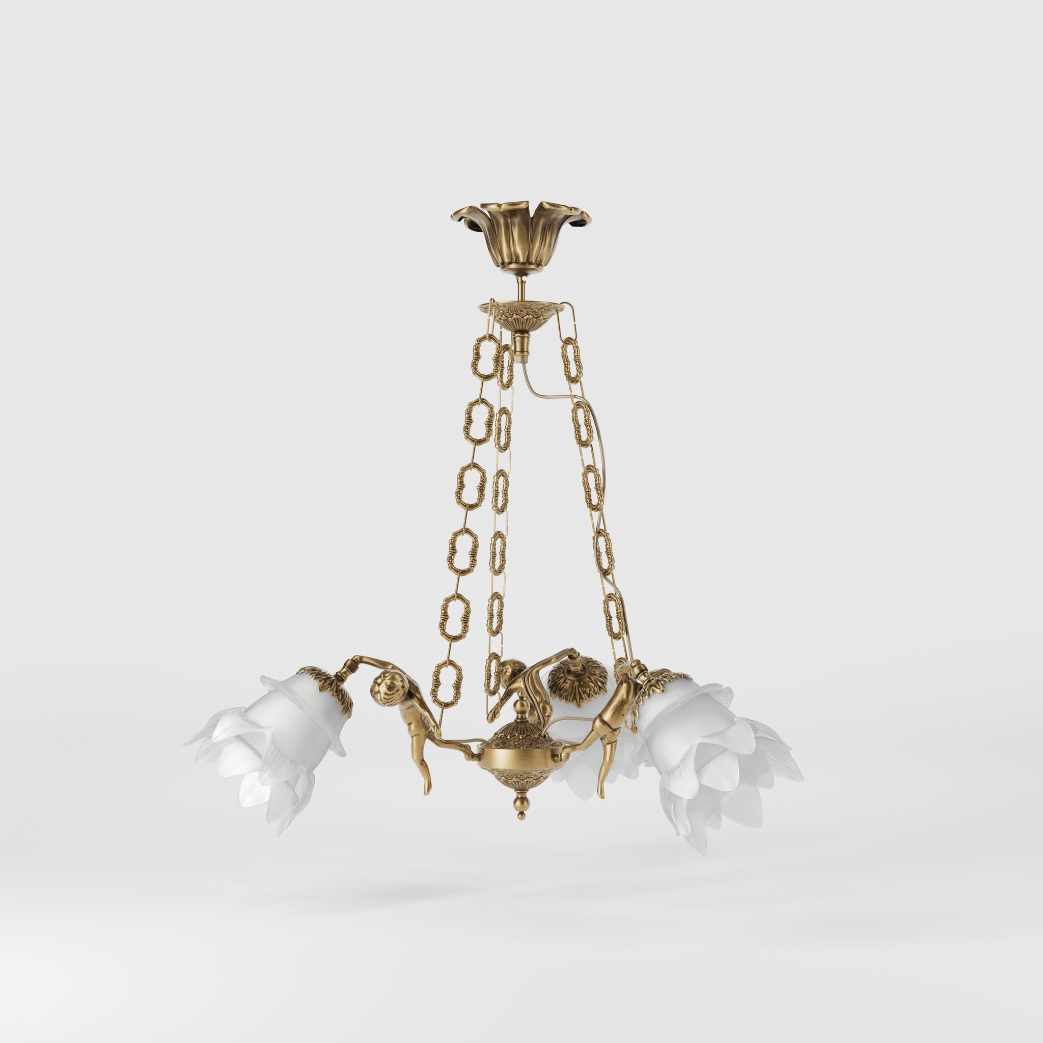 Art Nouveau chandelier with dancing brass putti and three frosted glass shades, decorated chains, floral motif rosette by Ghidini 1849 - Finish: OBS Bronze Satin Brass