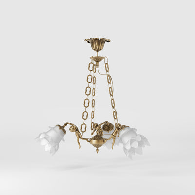 Art Nouveau chandelier with dancing brass putti and three frosted glass shades, decorated chains, floral motif rosette by Ghidini 1849 - Finish: OBS Bronze Satin Brass