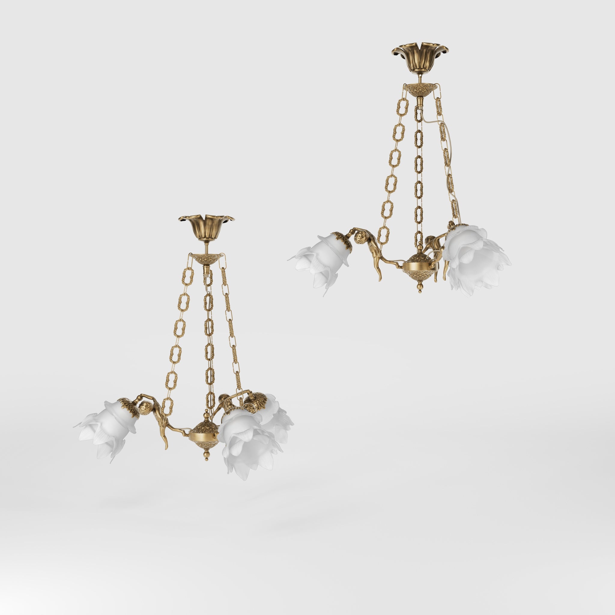 Art Nouveau chandelier with dancing brass putti and three frosted glass shades, decorated chains, floral motif rosette by Ghidini 1849 - Finish: OBS Bronze Satin Brass