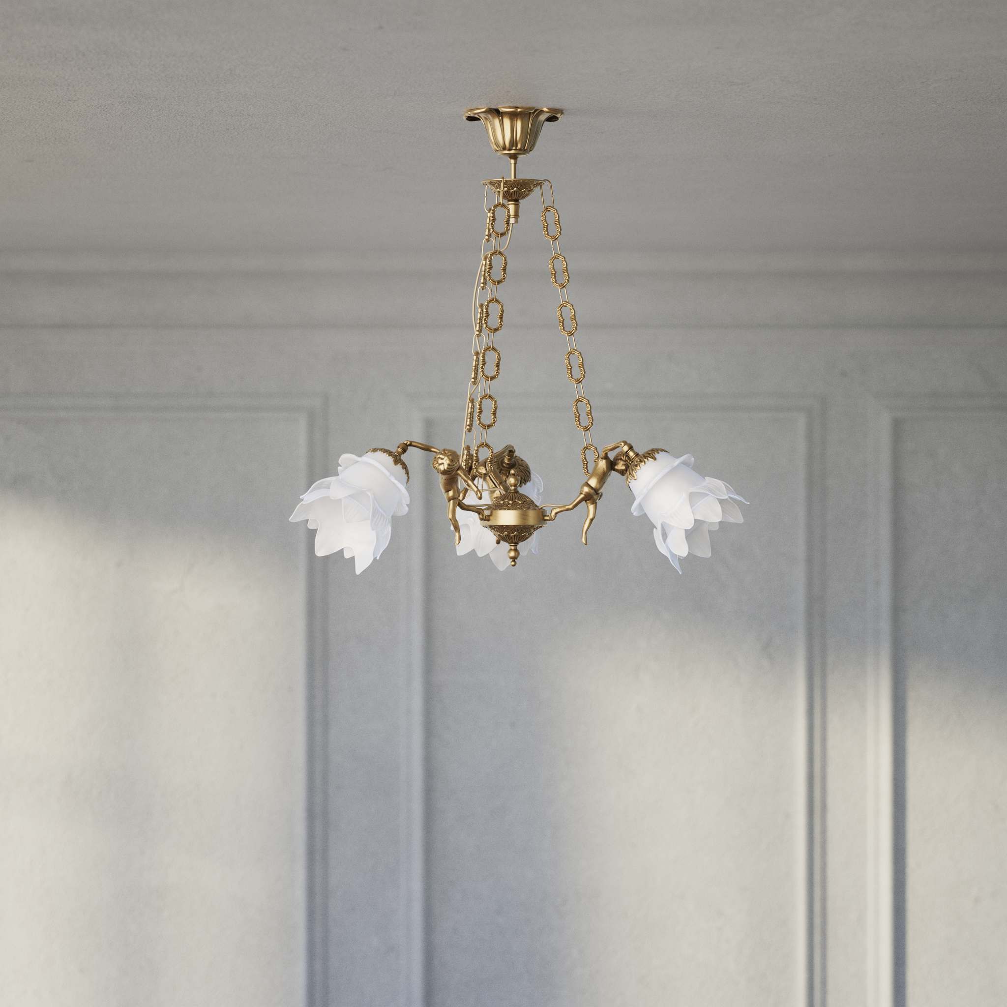 Art Nouveau chandelier with dancing brass putti and three frosted glass shades, decorated chains, floral motif rosette by Ghidini 1849 - Finish: OBS Bronze Satin Brass
