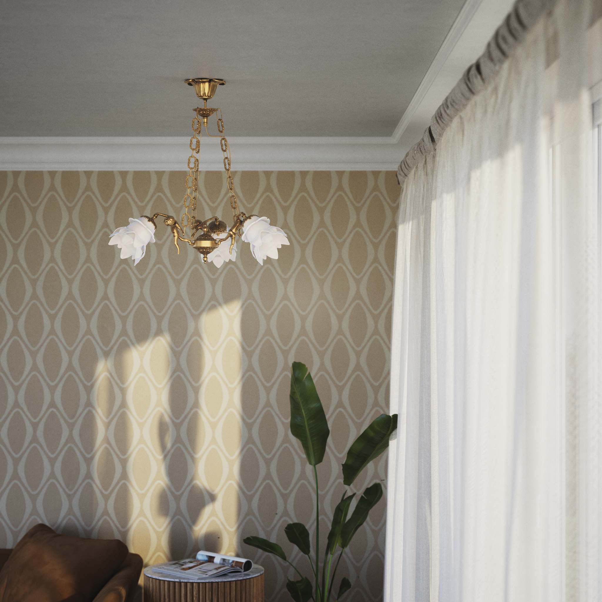 Art Nouveau chandelier with dancing brass putti and three frosted glass shades, decorated chains, floral motif rosette by Ghidini 1849 - Finish: OBS Bronze Satin Brass