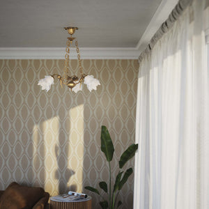 Art Nouveau chandelier with dancing brass putti and three frosted glass shades, decorated chains, floral motif rosette by Ghidini 1849 - Finish: OBS Bronze Satin Brass