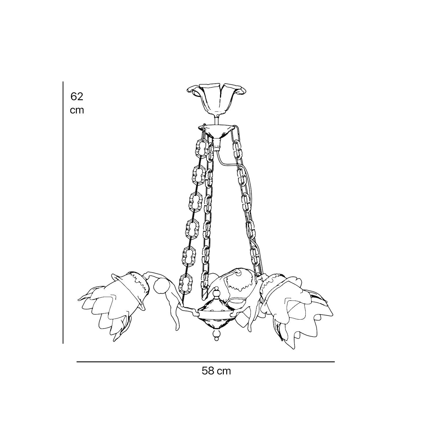 Art Nouveau chandelier with dancing brass putti and three frosted glass shades, decorated chains, floral motif rosette by Ghidini 1849