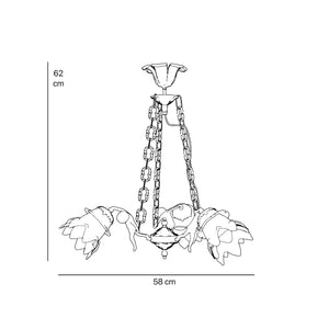 Art Nouveau chandelier with dancing brass putti and three frosted glass shades, decorated chains, floral motif rosette by Ghidini 1849