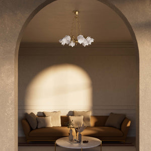 Art Nouveau chandelier with six brass putti and rose-shaped frosted glass shades, decorated chains and floral rosette by Ghidini 1849 - Finish: OBS Bronze Satin Brass