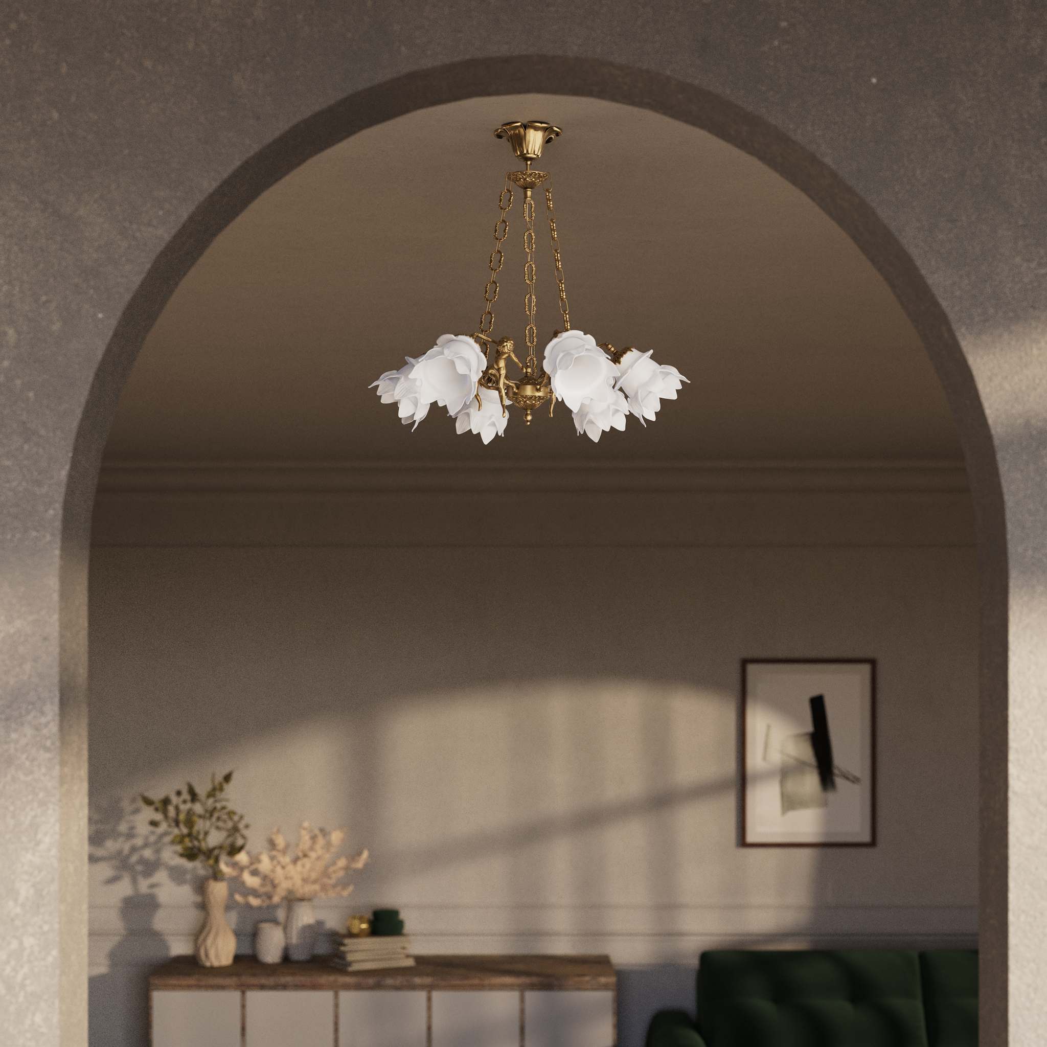 Art Nouveau chandelier with six brass putti and rose-shaped frosted glass shades, decorated chains and floral rosette by Ghidini 1849 - Finish: OBS Bronze Satin Brass