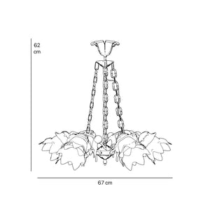 Art Nouveau chandelier with six brass putti and rose-shaped frosted glass shades, decorated chains and floral rosette by Ghidini 1849