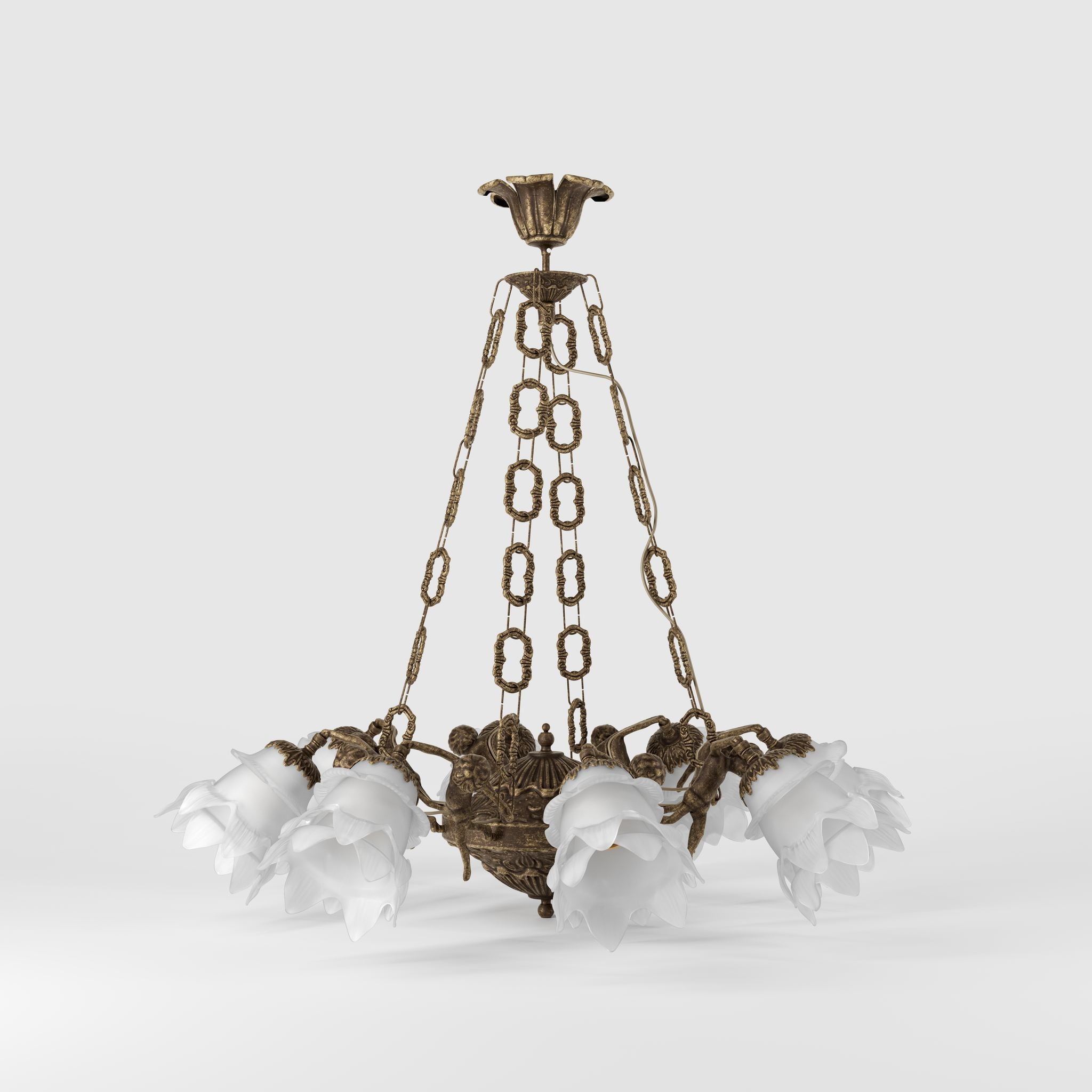 Art Nouveau chandelier with eight dancing brass putti, petal-shaped frosted glass shades, decorated chains and floral rosette by Ghidini 1849 - Finish: OAS Antique Brass