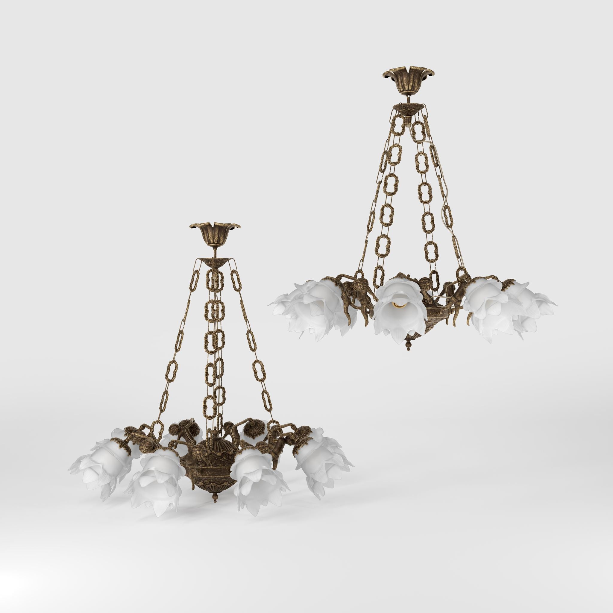 Art Nouveau chandelier with eight dancing brass putti, petal-shaped frosted glass shades, decorated chains and floral rosette by Ghidini 1849 - Finish: OAS Antique Brass