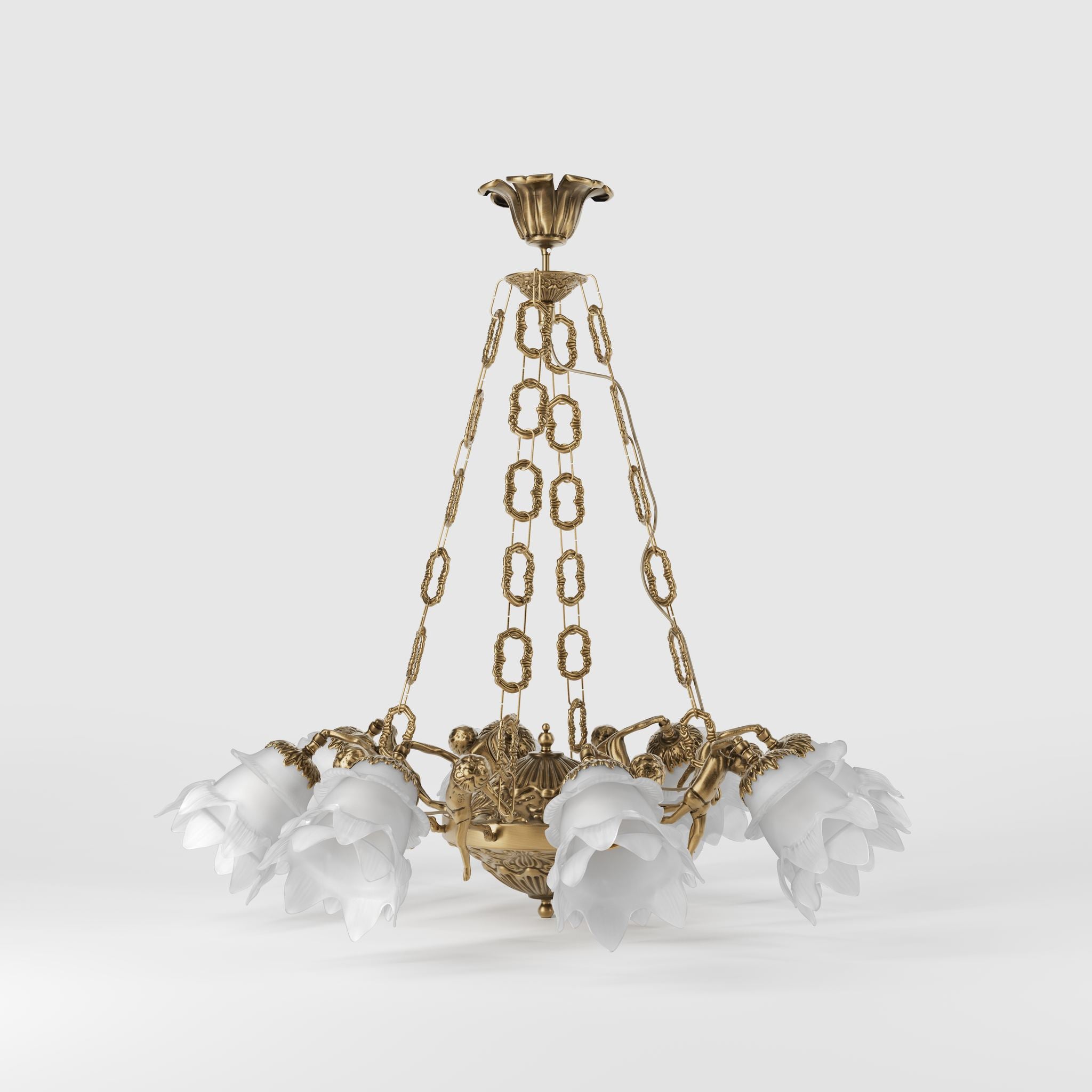 Art Nouveau chandelier with eight dancing brass putti, petal-shaped frosted glass shades, decorated chains and floral rosette by Ghidini 1849 - Finish: OBS Bronze Satin Brass